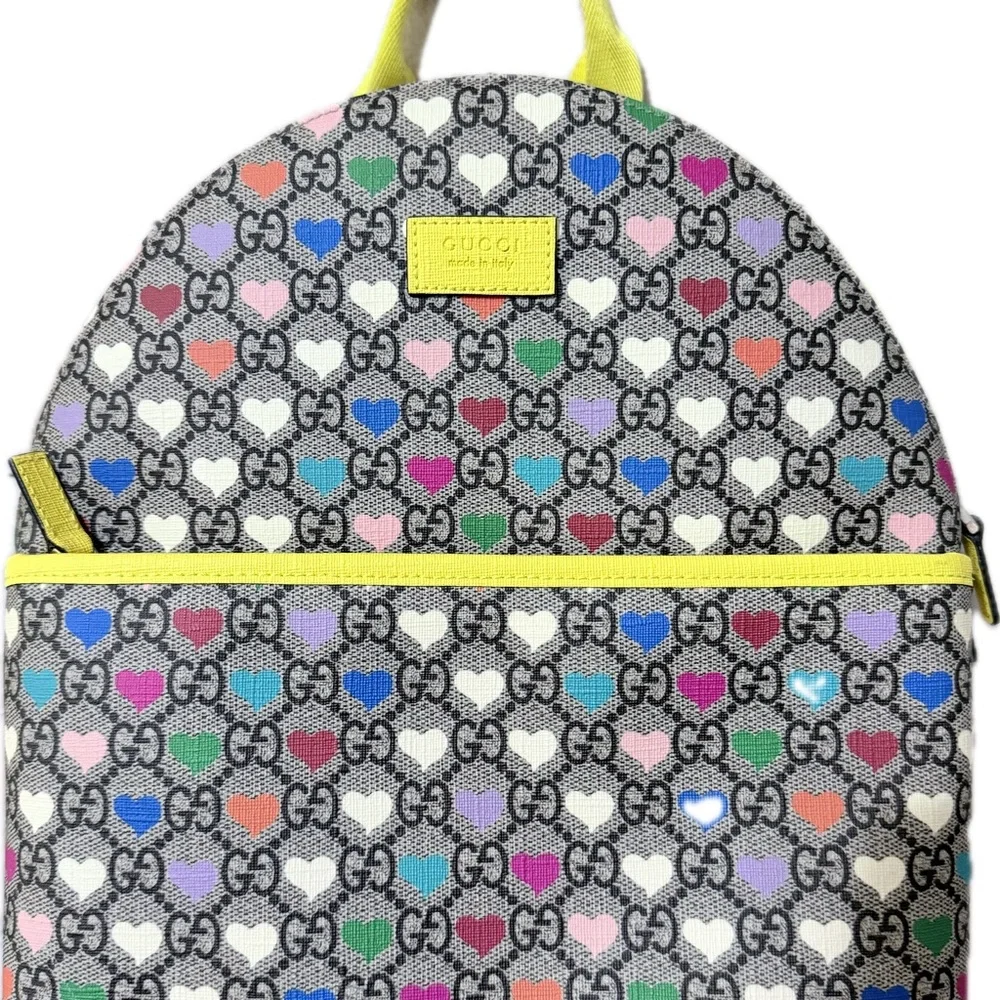 Gucci Multicolor Heart Print Backpack with Yellow Trim